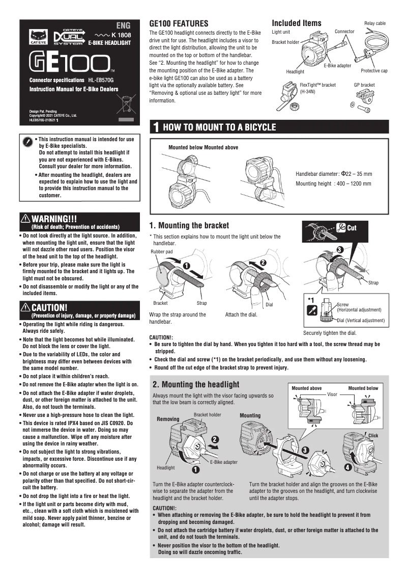 Page 1 de la notice Manuel utilisateur Cateye GE100