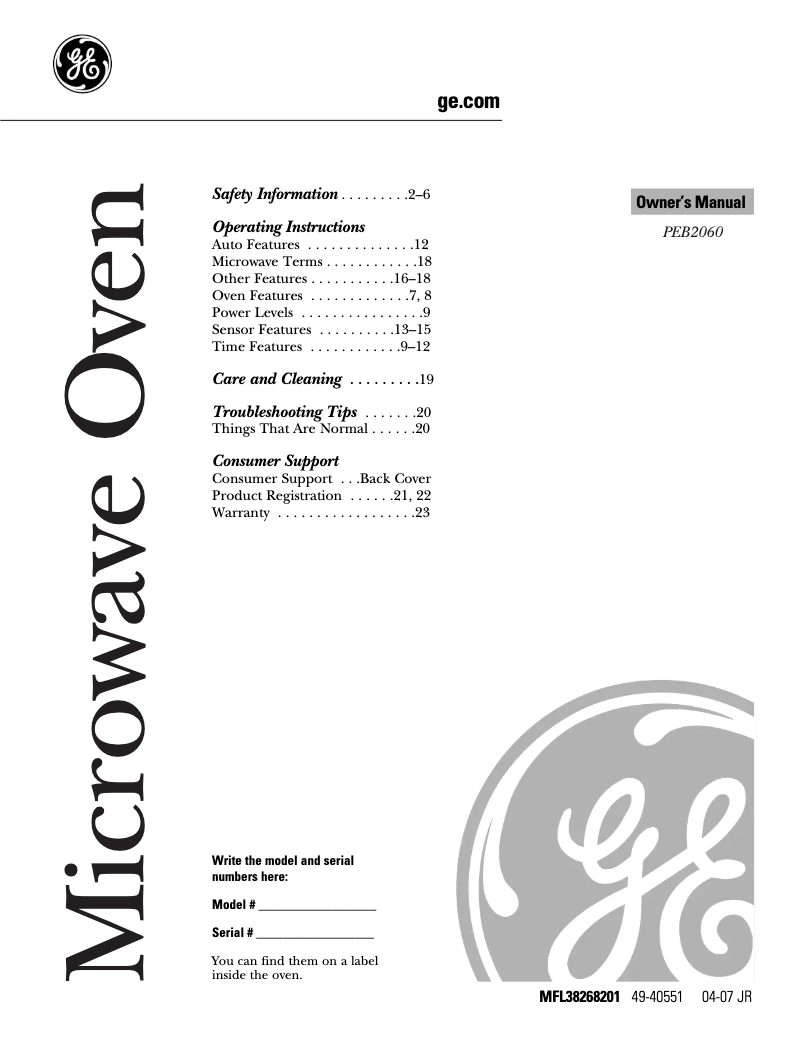 Página 1 del manual Manual de usuario GE PEB2060SM