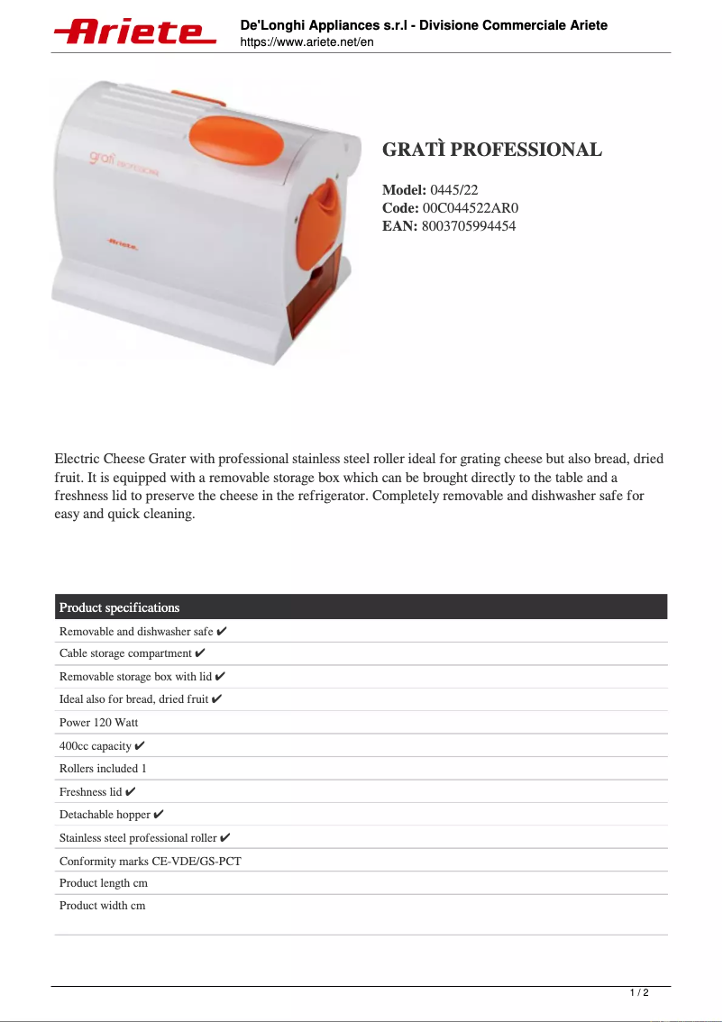 Page n°1 - Fiche technique Ariete Gratì Professional 0445