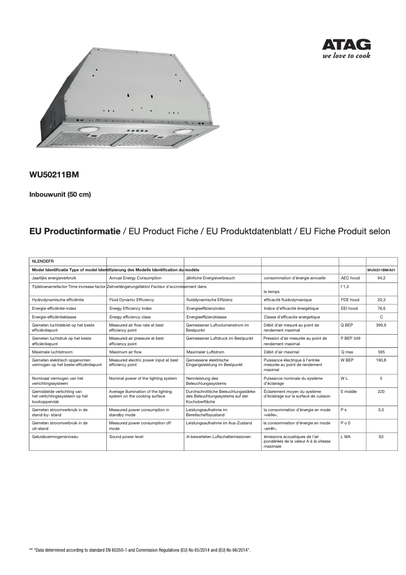 Page 1 de la notice Fiche technique Atag WU50211BM