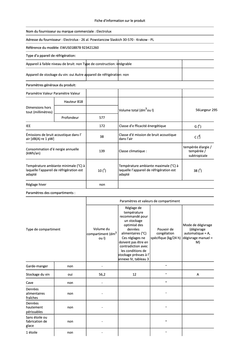 Page 1 de la notice Fiche technique Electrolux EWUS018B7B
