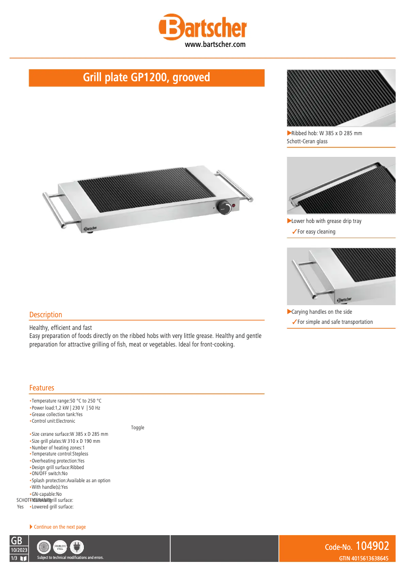 Page n°1 - Fiche technique Bartscher GP1200