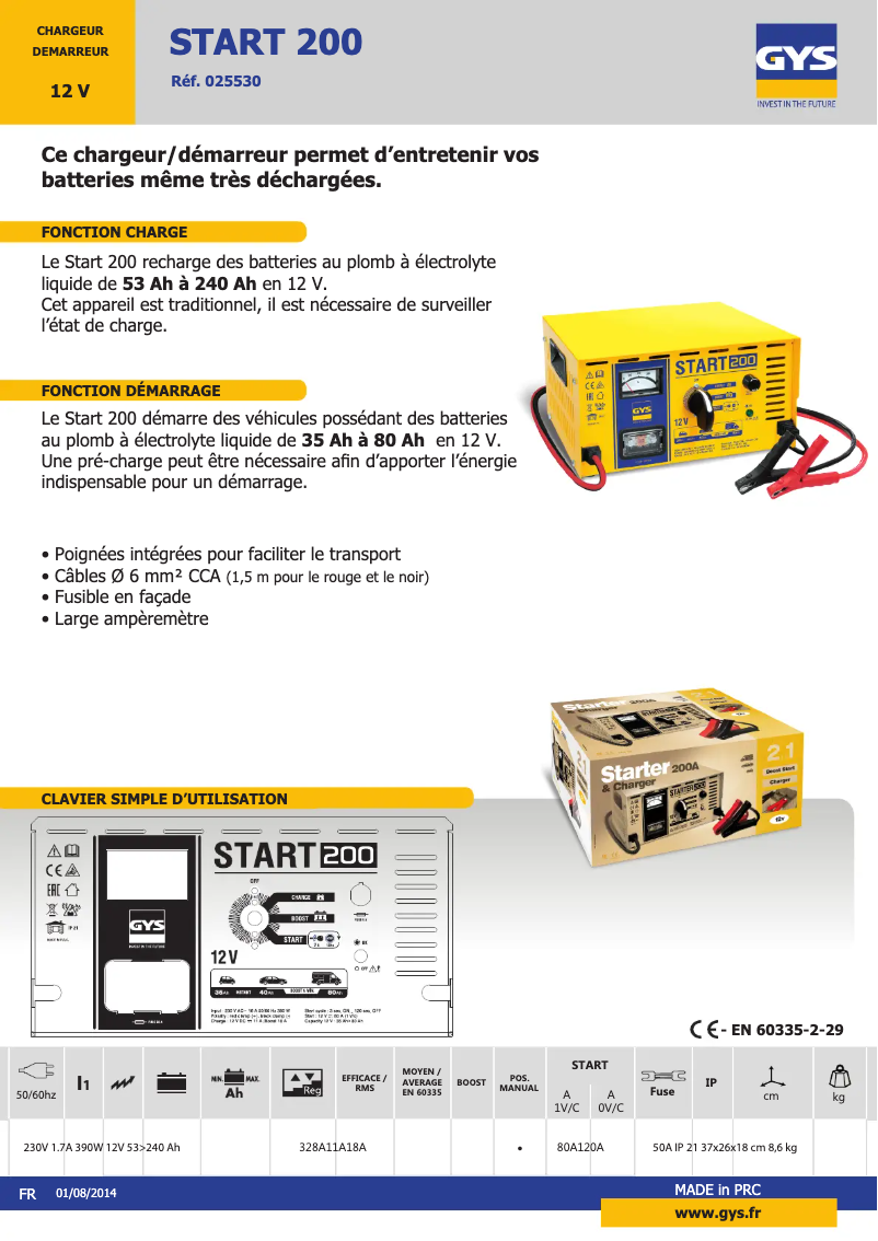 Page 1 de la notice Fiche technique GYS Start 200