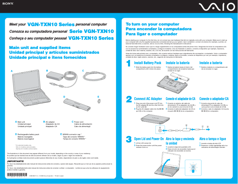 Page 1 de la notice Guide d'installation Sony Vaio VGN-TXN17P