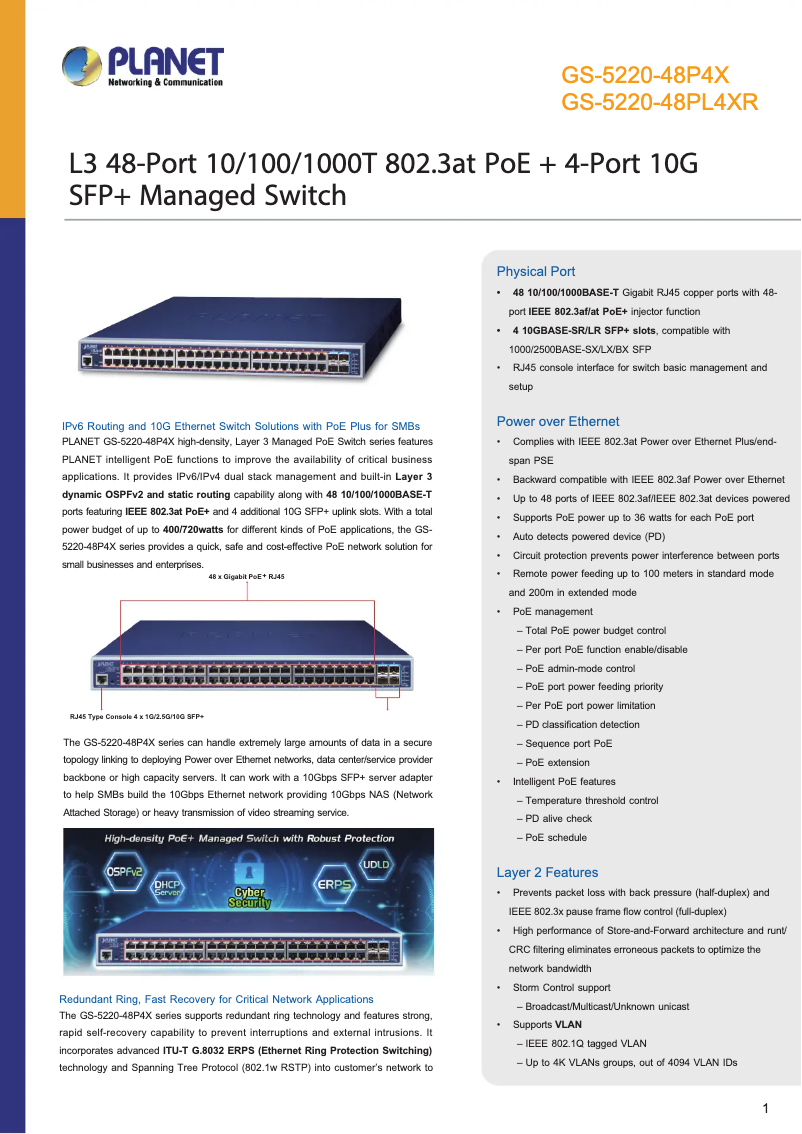 Page 1 de la notice Fiche technique Planet GS-5220-48PL4XR