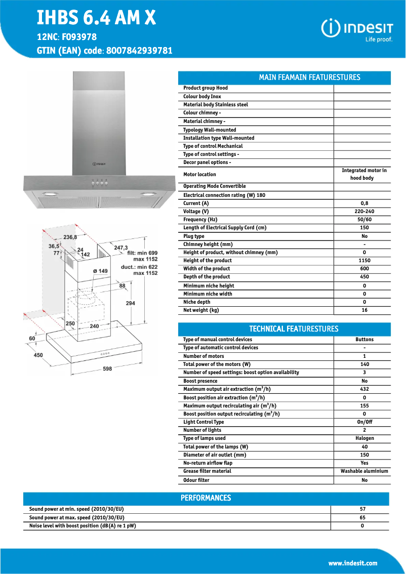 Page n°1 - Fiche technique Indesit IHBS 6.4 AM X