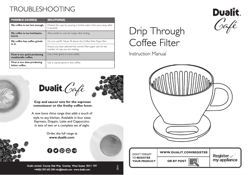Page 1 de la notice Manuel utilisateur Dualit Drip Through Coffee Filter