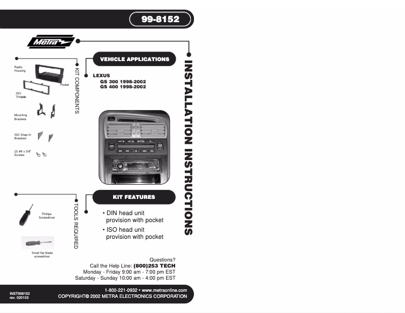 Page n°1 - Manuel utilisateur Metra 99-8152