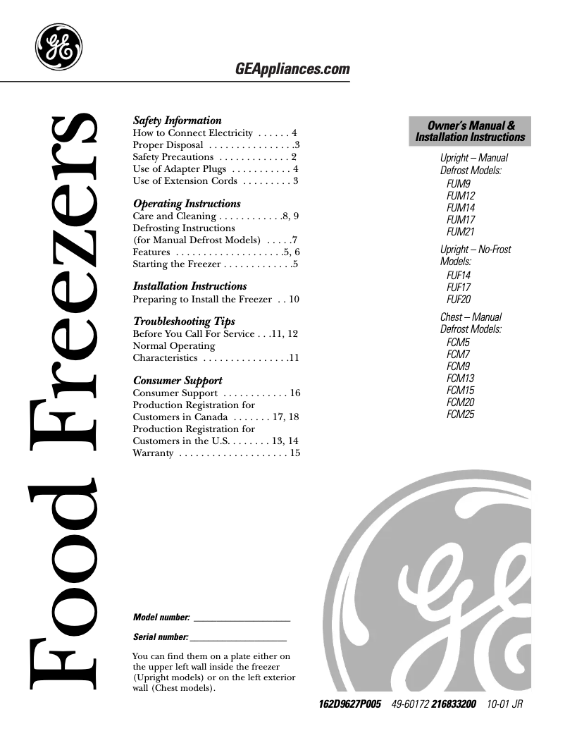 Page n°1 - Guide d'installation GE FUF20DMRWH