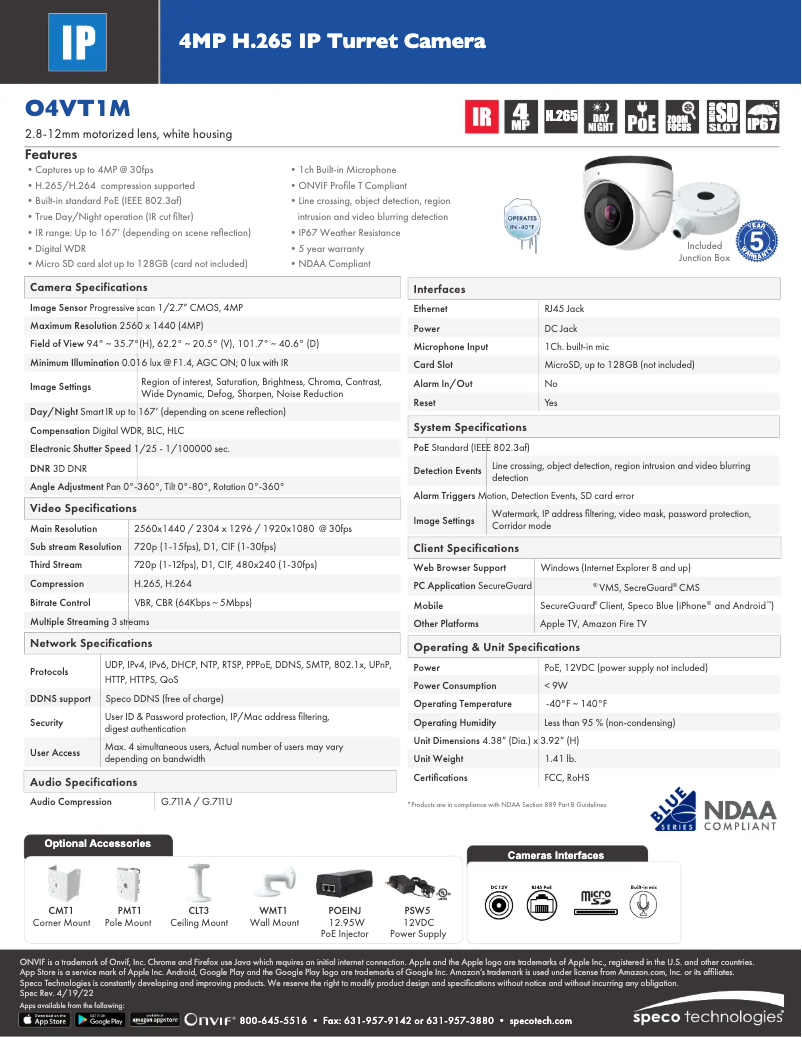 Page 1 de la notice Fiche technique Speco Technologies O4VT1M