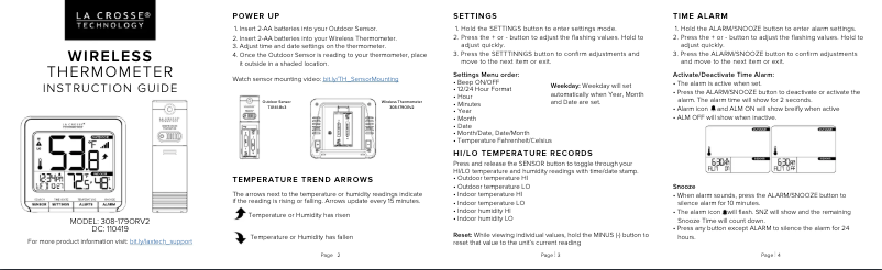 Page n°1 - Manuel utilisateur La Crosse Technology 308-179ORV2