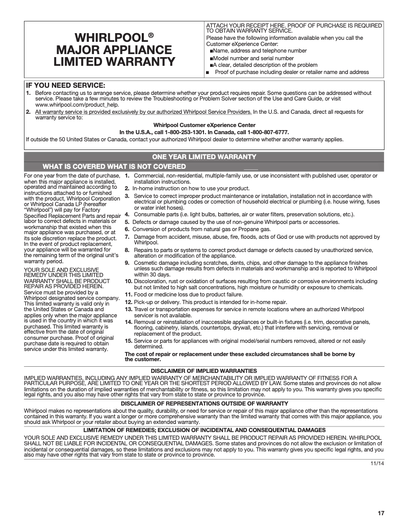 Página 1 del manual Información de garantía Whirlpool WOS72EC7HV