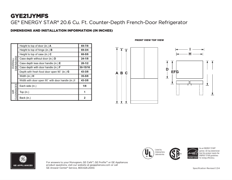 Page 1 of the manual Technical Sheet GE GYE21JYMFS
