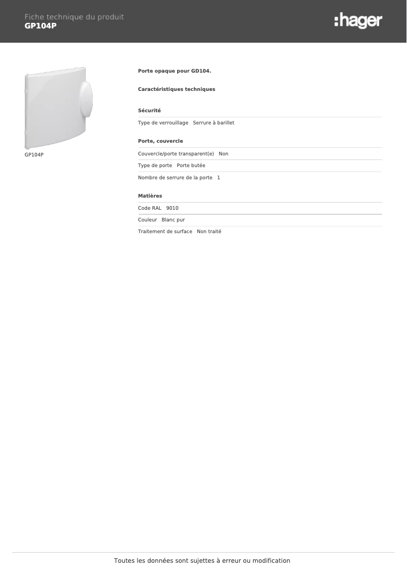 Page n°1 - Fiche technique Hager GP104P