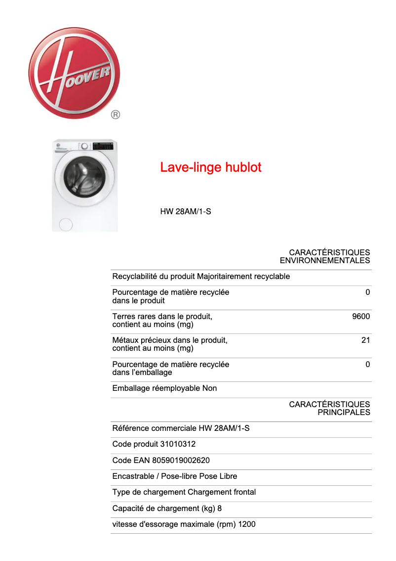 Page n°1 - Fiche technique Hoover H-WASH 500 HW 28AM/1-S