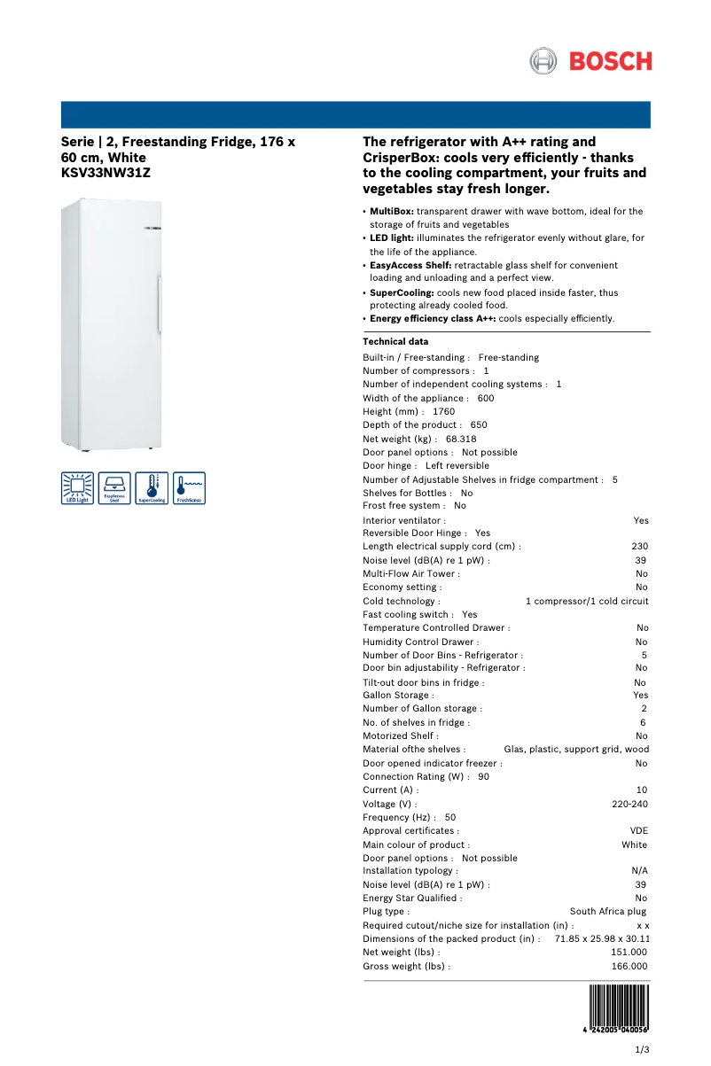 Página 1 del manual Ficha técnica Bosch KSV33NW31Z