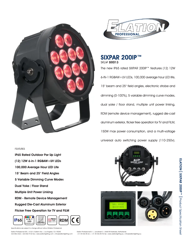 Page 1 de la notice Fiche technique Elation Sixpar 200IP