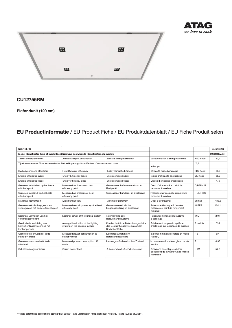 Page 1 de la notice Fiche technique Atag CU12755RM