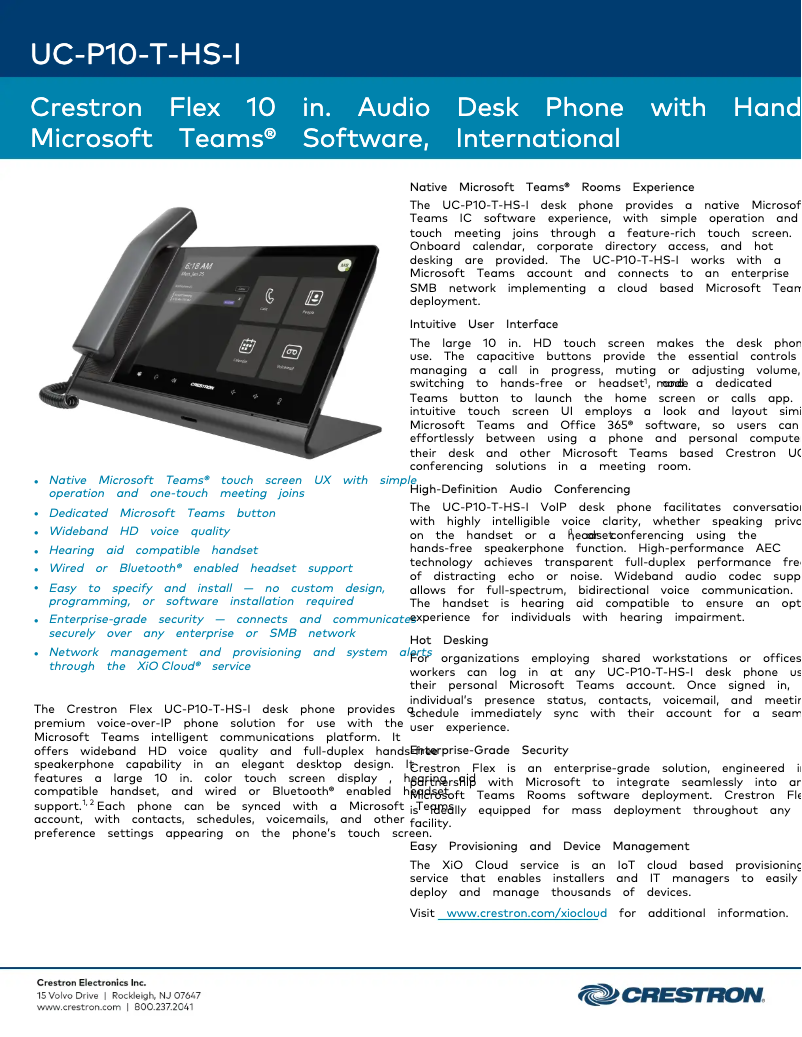 Page 1 de la notice Fiche technique Crestron UC-P10-T-HS-I