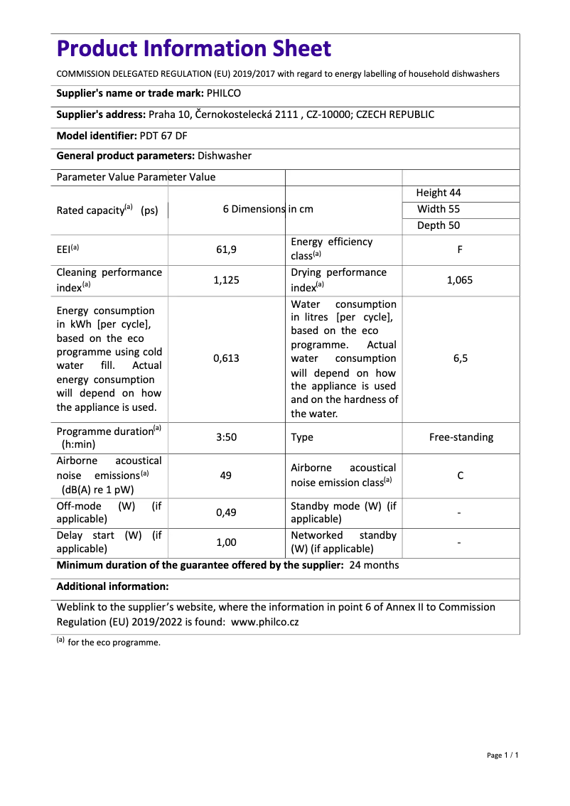 Page n°1 - Fiche technique Philco PDT 67 DF