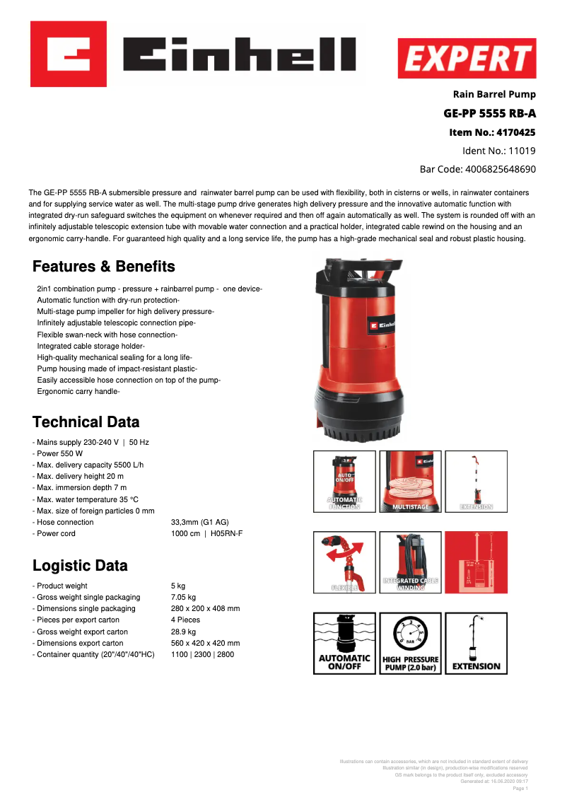 Page n°1 - Fiche technique Einhell GE-PP 5555 RB-A