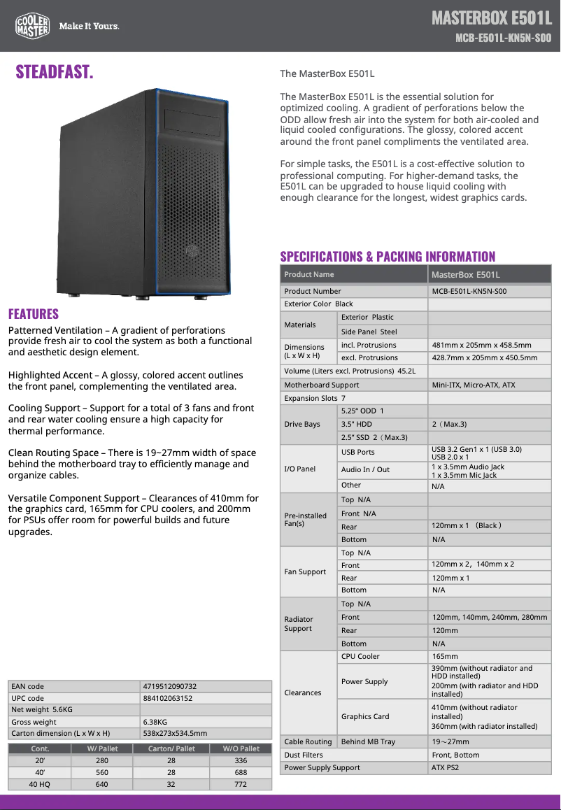 Page 1 de la notice Manuel utilisateur Cooler Master MasterBox E501L