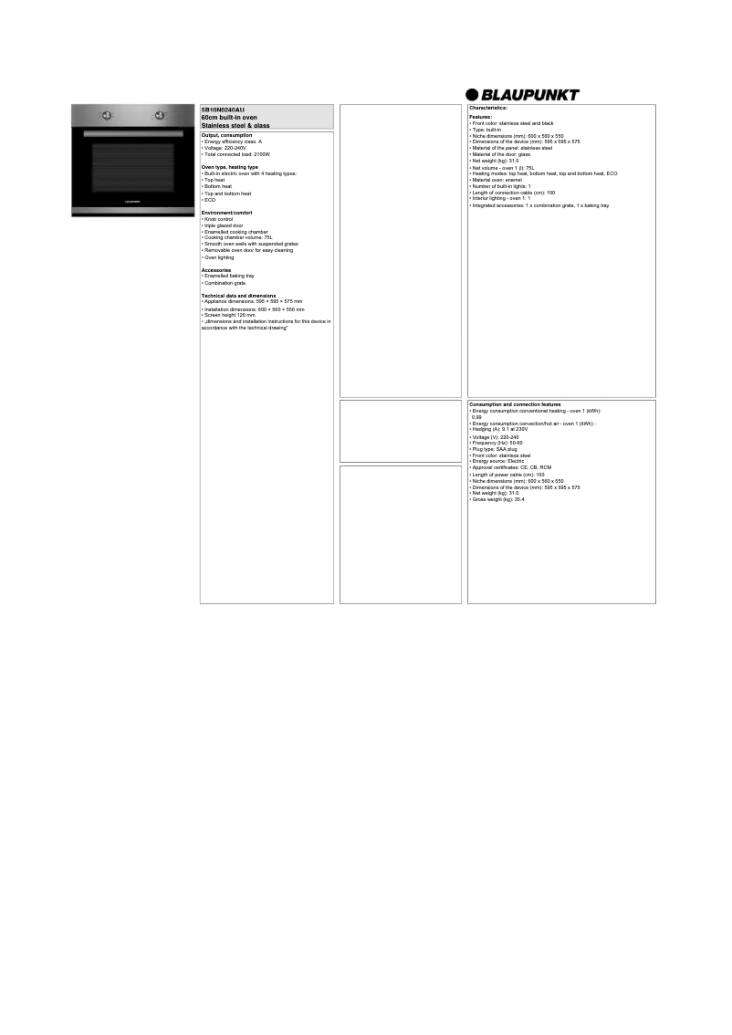 Page n°1 - Fiche technique Blaupunkt 5B10N0240AU