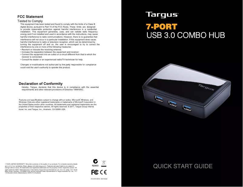 Page n°1 - Manuel utilisateur Targus ACH120USZ
