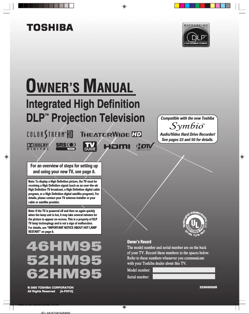 Page n°1 - Manuel utilisateur Toshiba 62HM95