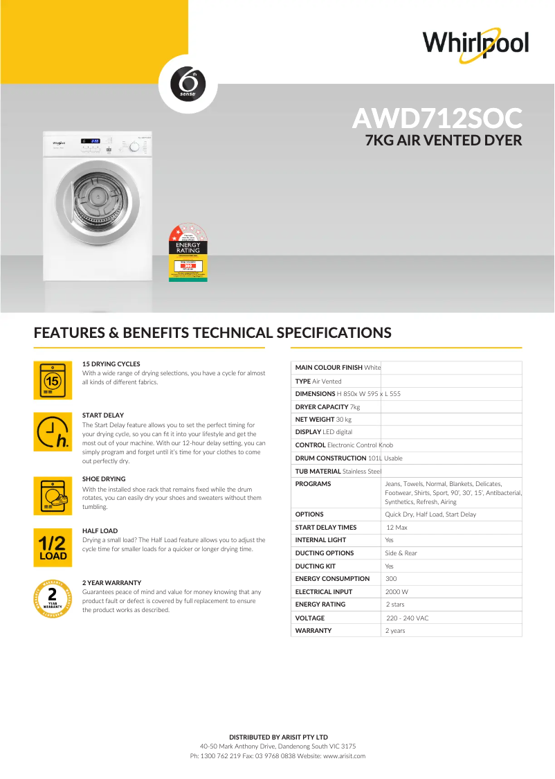 Page 1 de la notice Fiche technique Whirlpool AWD712SOC