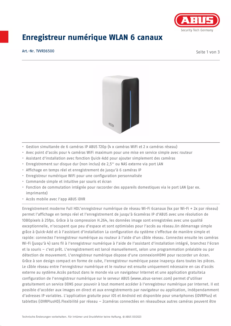Page 1 de la notice Fiche technique Abus TVVR36500