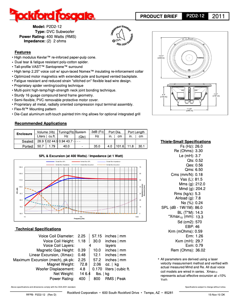 Page n°1 - Fiche technique Rockford Fosgate P2D2-12
