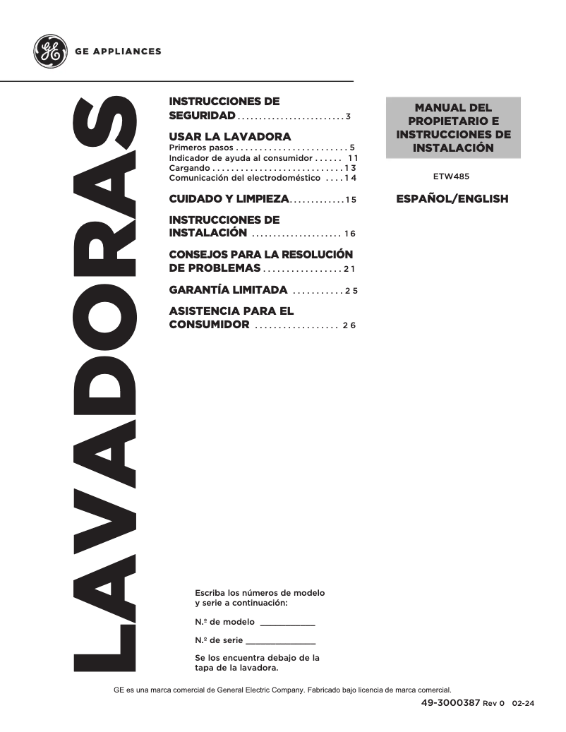 Image de la première page du manuel de l'appareil ETW485ASWWB