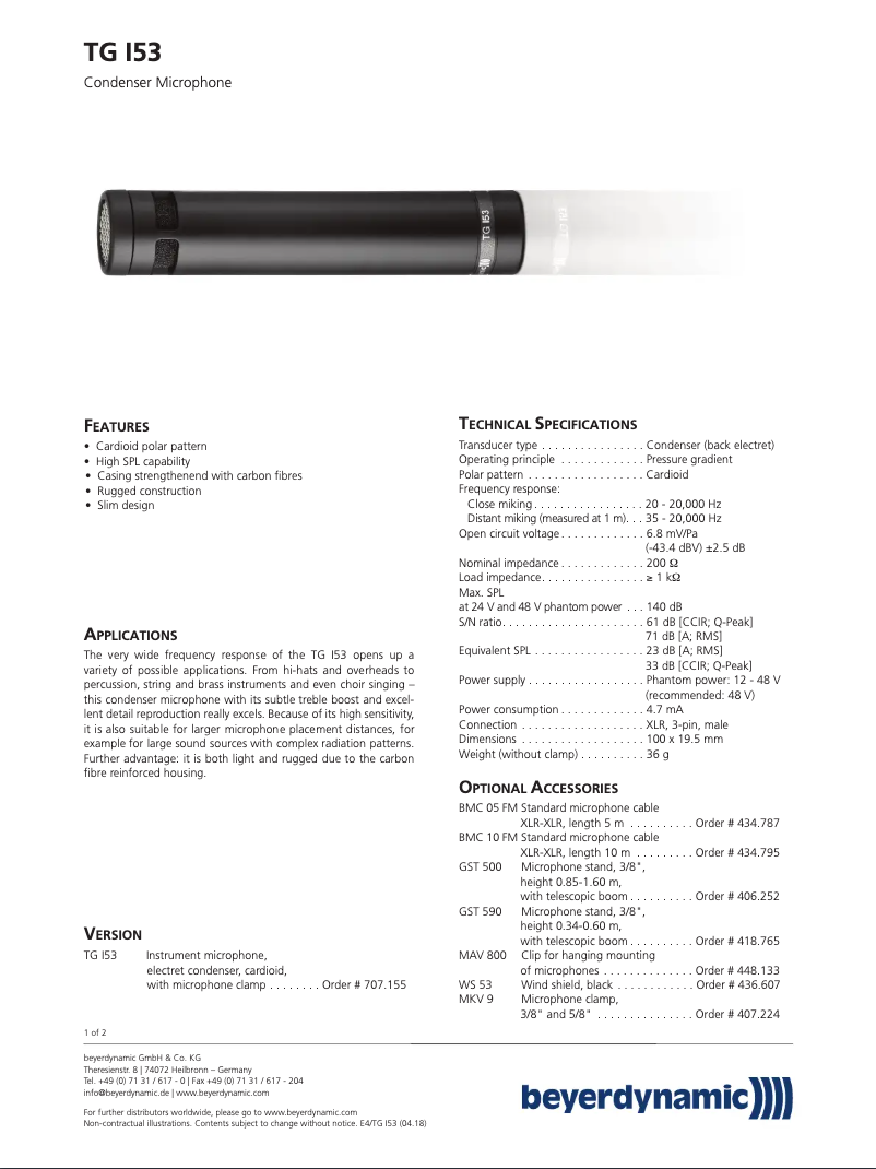 Page n°1 - Fiche technique Beyerdynamic TG I53