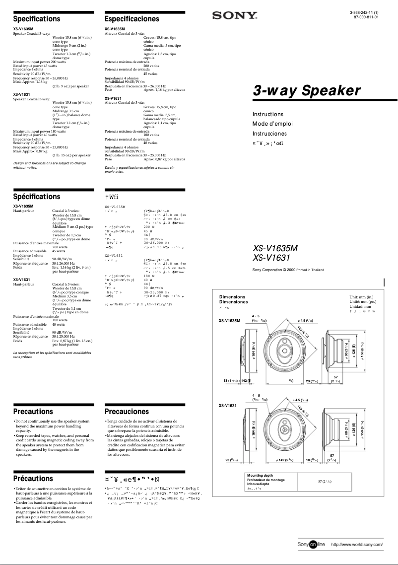 Page 1 de la notice Manuel utilisateur Sony XS-V1635M