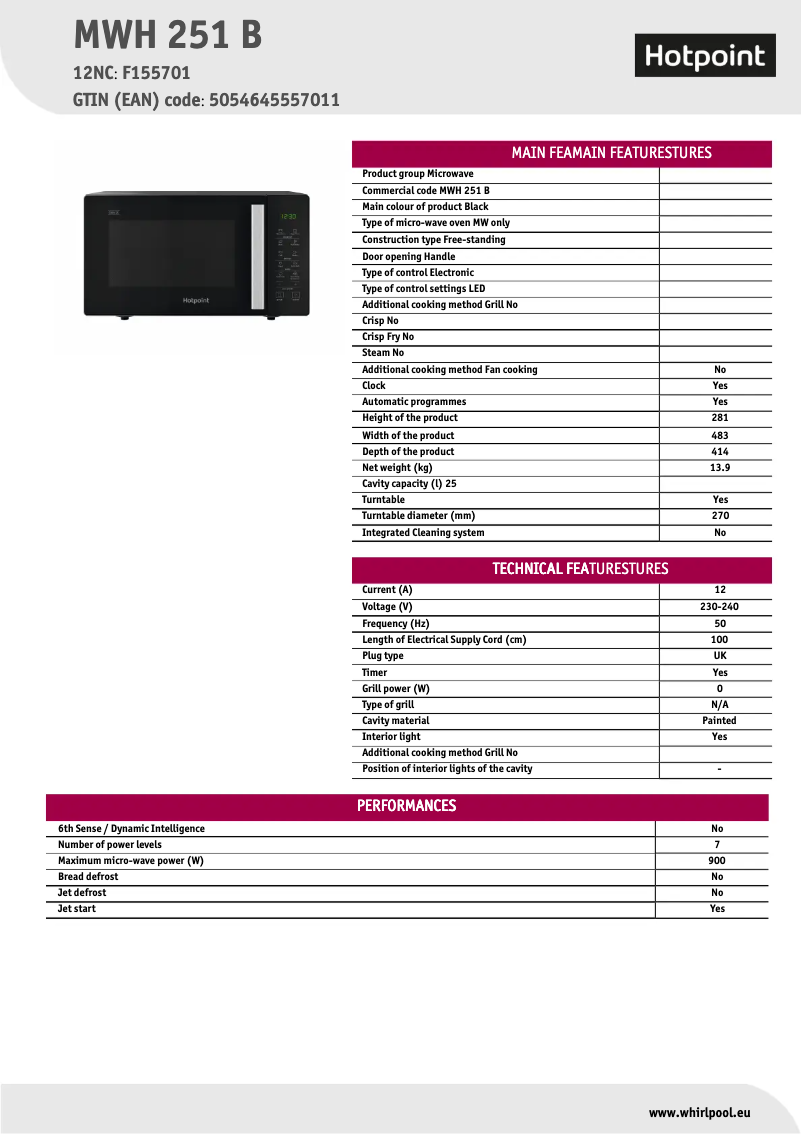 Page n°1 - Fiche technique Hotpoint MWH 251 B