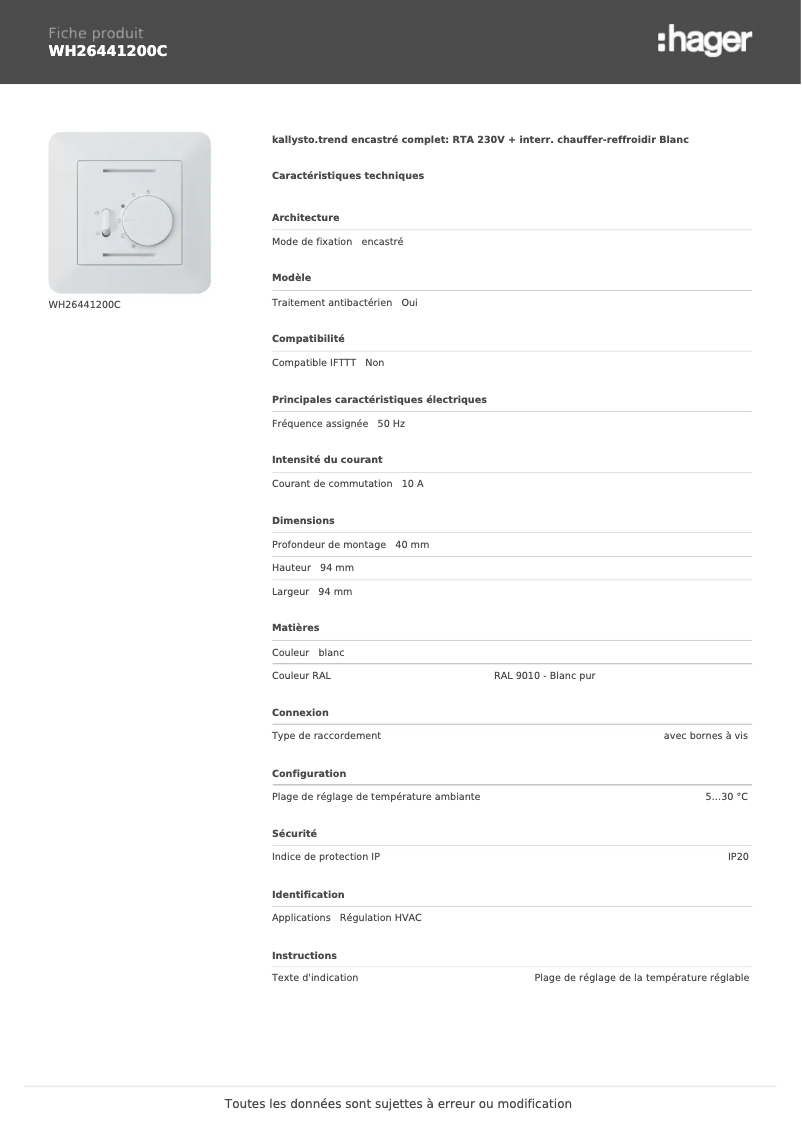 Page 1 de la notice Fiche technique Hager WH26441200C