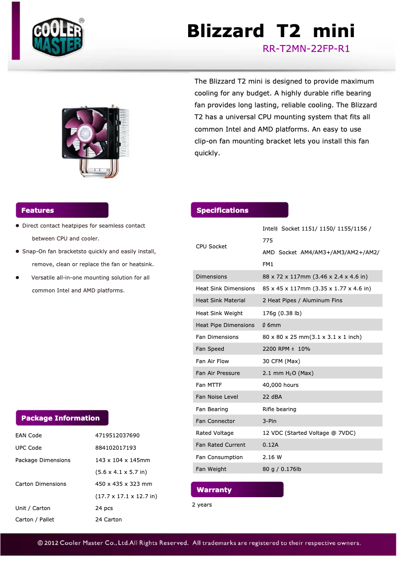 Page n°1 - Fiche technique Cooler Master Blizzard T2 Mini