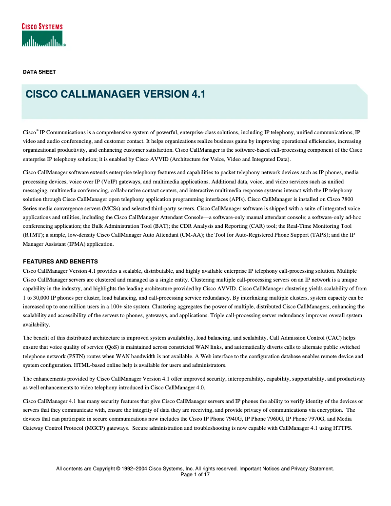 Page 1 de la notice Manuel utilisateur Cisco Call Manager 4.1