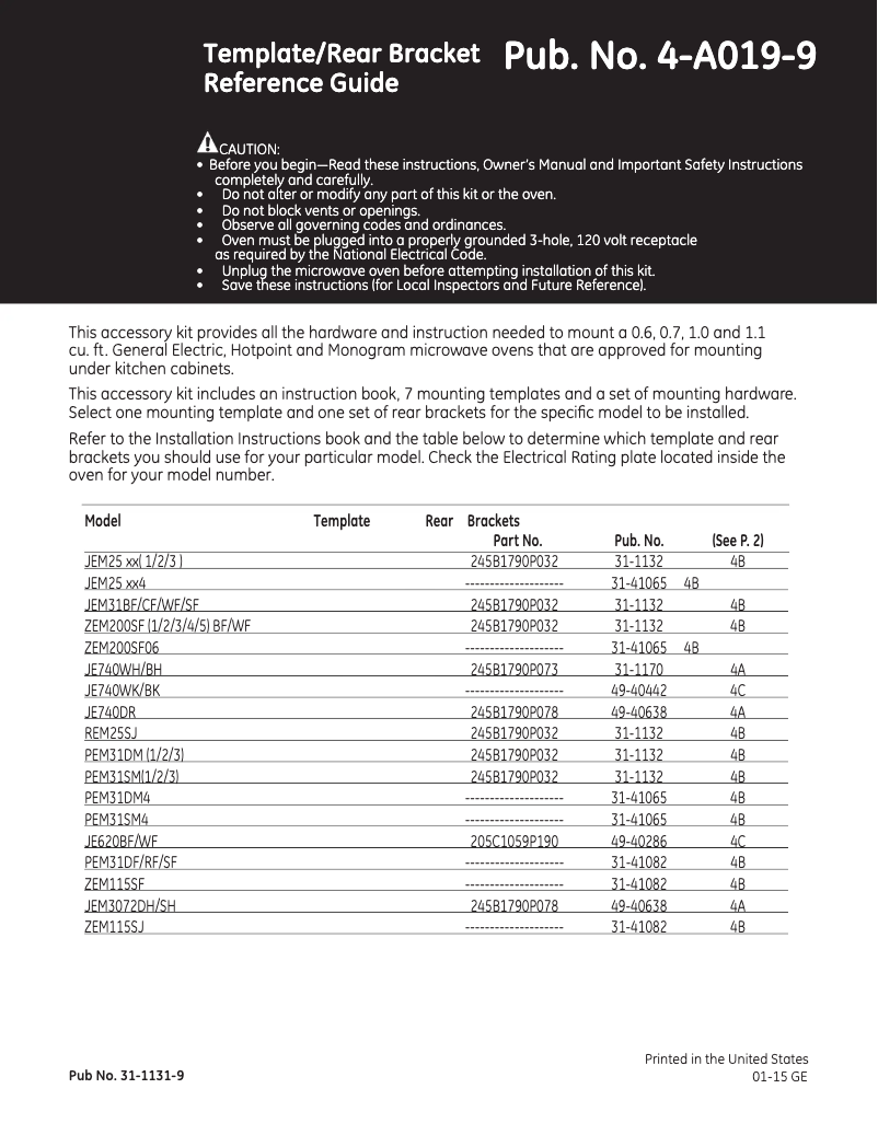 Page 1 de la notice Guide d'installation GE JE740DRWW