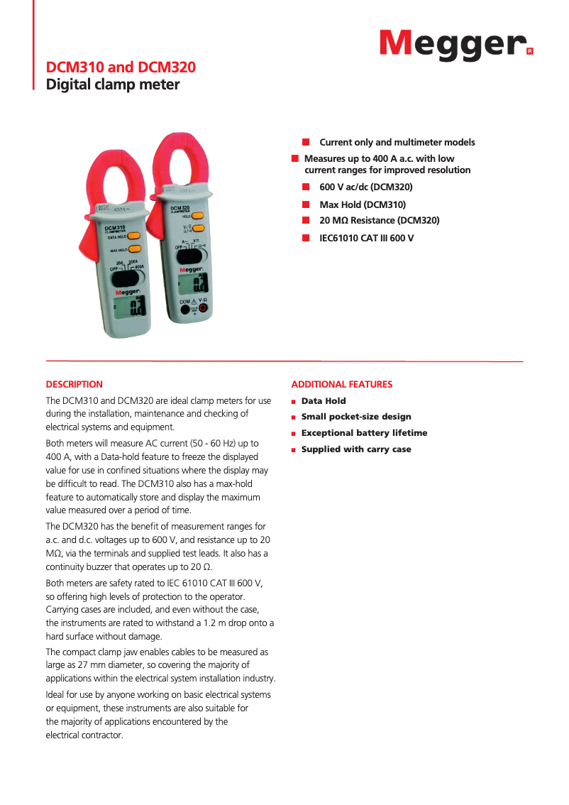 Page 1 de la notice Fiche technique Megger DCM310