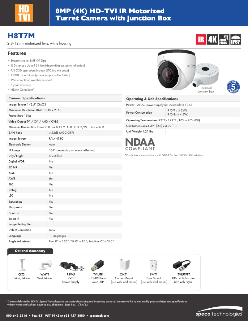 Page 1 de la notice Fiche technique Speco Technologies H8T7M