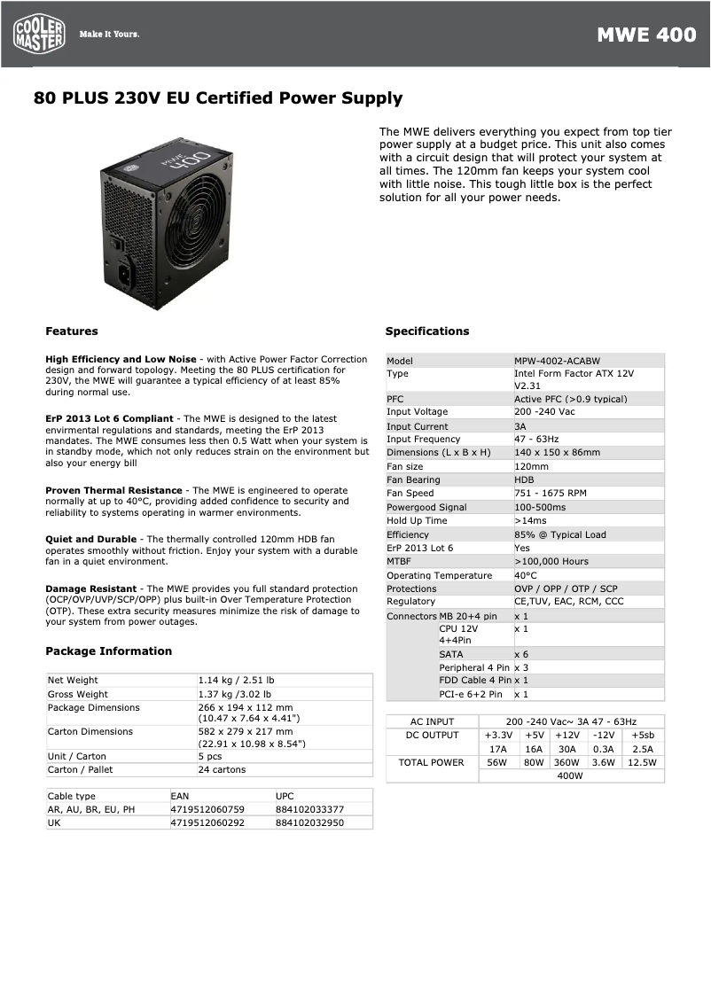 Page 1 de la notice Fiche technique Cooler Master MWE 400