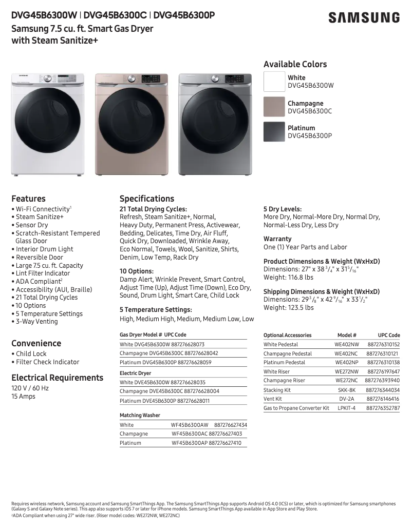 Page 1 de la notice Fiche technique Samsung DVG45B6300W
