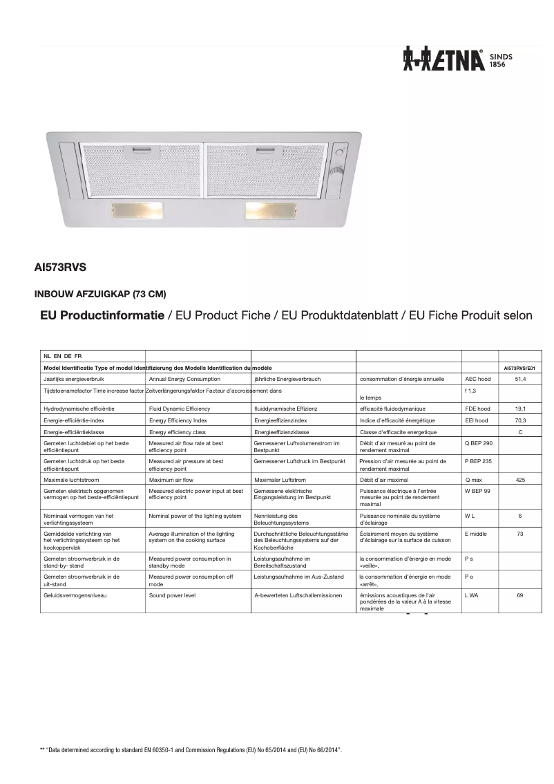 Page 1 de la notice Fiche technique Etna AI573RVS
