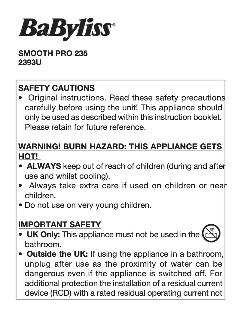 Page 1 de la notice Manuel utilisateur BaByliss Smooth Pro 235 2393U