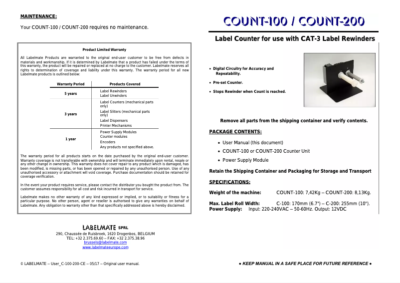 Page 1 de la notice Manuel utilisateur Labelmate Count-200