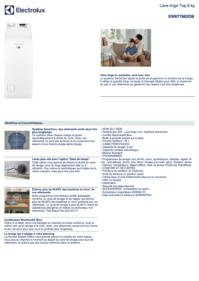 Page 1 de la notice Fiche technique Electrolux EW6T7662DB