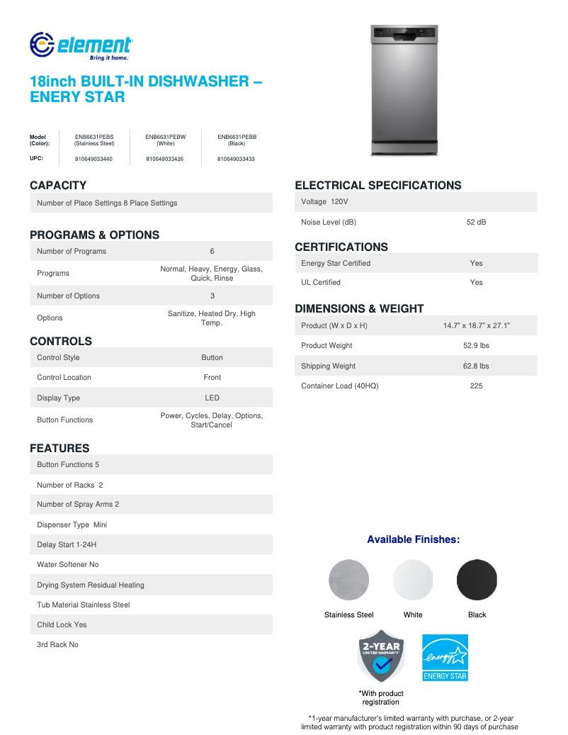 Page 1 de la notice Fiche technique Element ENB6631PEBW
