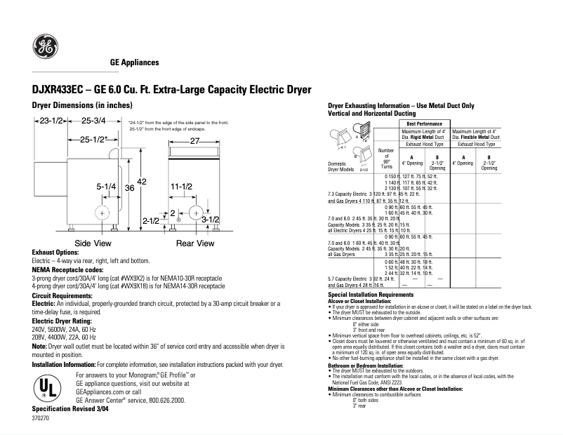 Page n°1 - Fiche technique GE DJXR433ECWW